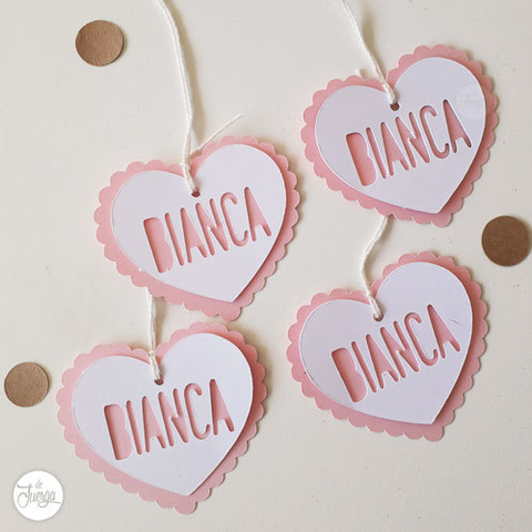 Pack x12 Etiquetas tags Corazón con nombre Personalizadas,