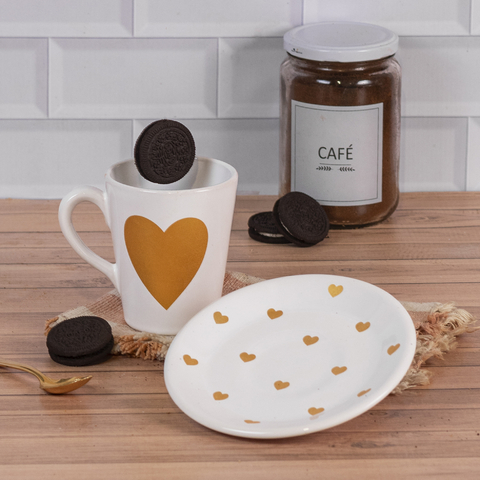 PLATO TAZA CORAZONES DORADOS