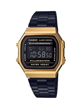 RELOJ CASIO UNISEX LINEA VINTAGE DIGITAL CAJA DE RESINA EN COLOR DORADO CORREA EN ACERO NEGRO A168-WEGB-1B